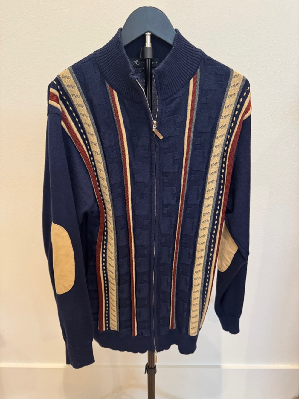 Men's Navy Zip-Up Sweater with Striped‎ Pattern and Elbow Patches